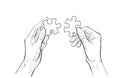 Hands connect Jigsaw puzzle piece. The concept of establishing contacts, teamwork, partnerships, understanding