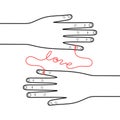 Hands connected by the red string of fate on white background