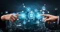 Hands Connecting Digital Network Imagery with Modern City Skyline in Background, Symbolizing Data Sharing and Technology Royalty Free Stock Photo