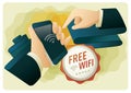 Hands connecting a phone to free wifi. Vector illustration decorative background design