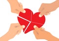 Hands connecting pieces of red heart together, concept of sharing love to people vector illustration