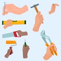 Hands with construction tools vector cartoon style House renovation handyman illustration