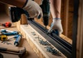 A close-up of a construction worker's hands using a cordless drill to assemble a metal frame Royalty Free Stock Photo