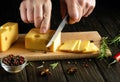 The hands of the cook with a knife cut the cheese into small pieces for tasting on a cutting board. Delicious Milk Cheese Recipe Royalty Free Stock Photo