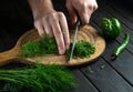 The hands of the cook with a knife are cutting dill on a cutting board for cooking vegetarian food. Peasant products on the Royalty Free Stock Photo