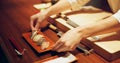 Hands, cooking and chef serving sushi in restaurant for traditional Japanese cuisine or dish closeup. Kitchen, service Royalty Free Stock Photo