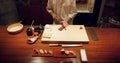 Hands, cooking and sushi with chef in restaurant for traditional Japanese cuisine closeup from above. Kitchen, seafood Royalty Free Stock Photo