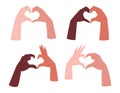 Diverse Hands of couples in love making heart shape with fingers. Set of vector isolated flat illustrations