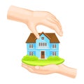 Hands Covering and Protecting House Standing on Green Lawn Vector Illustration
