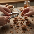 hands actively cracking walnuts with a manual cracker and carefully picking out the nut halves on a rustic wooden table Royalty Free Stock Photo