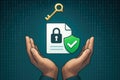 Hands holding document with lock and shield against binary code background data security digital protection Royalty Free Stock Photo