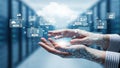 Hands Holding Digital Cloud Network with Approval Workflow Icons and Data Charts technology Royalty Free Stock Photo