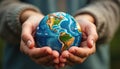 Hands cradle a small globe. People protect planet Earth, caring for its future and environment. Symbol of global unity and hope Royalty Free Stock Photo