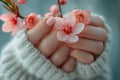 Hands cradling cherry blossoms, showcasing gentle touch, Generated AI Royalty Free Stock Photo