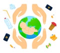 Hands cradling Earth with a baby, pollution and waste surrounding. Protecting environment, caring for future generations Royalty Free Stock Photo