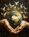 Hands Cradling Earth Surrounded by Doves.