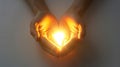Hands cradling a glowing light in a heart shape