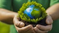 Hands Cradling A Small Globe With Greenery And Soil, Symbolizing Nurturing And Growth For Earth