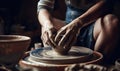 Hands Crafting Ceramic Bowl On A Pottery Wheel. Generative AI