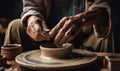 Hands Crafting Ceramic Bowl On A Pottery Wheel. Generative AI