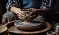 Hands Crafting Ceramic Bowl On A Pottery Wheel. Generative AI