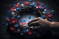 Hands crafting a DIY patriotic wreath with. Generative ai