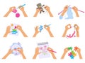 Hands crafting. Kids knitted drawing illustrations with brush and scissors cutting paper scrapbooking vector top view