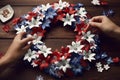 Hands crafting a patriotic wreath with red white. Generative ai