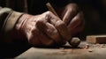 Hands of craftsman carve with a gouge in the hands on the workbench in carpentry. Generative Ai