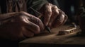 Hands of craftsman carve with a gouge in the hands on the workbench in carpentry. Generative Ai