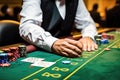 Hands of a Croupier on Gaming Surface with Casino Chips- Generative AI Royalty Free Stock Photo