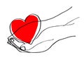 Hands cupped holding a red heart. line illustration Royalty Free Stock Photo