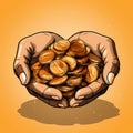 hands cupping coins from their palms in front of an orange background