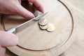 Hands cut euro coins with a knife, separating them like pieces of food. Concept of taxes, fraud or profit. Top view.