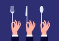 Hands with cutlery. Hand hold spoon, fork knife. Waiter hands holding kitchen utensils, catering in restaurant or Royalty Free Stock Photo