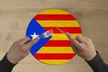 Hands with cutlery on a plate with the state national flag of Catalonia, copy space