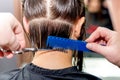 Hands cuts hair of woman Royalty Free Stock Photo