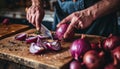 Hands cutting red onions. AI generated. Royalty Free Stock Photo