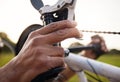 Hands, cycling and brakes on a bicycle for a person with a disability to exercise, cycle and fitness training in the