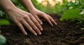 Hands in Dark Brown Soil, Green Plants in Background Royalty Free Stock Photo