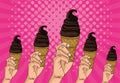 Hands with delicious ice creams cones pop art style