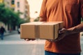 Hands delivery man box parcel. Generate Ai Royalty Free Stock Photo