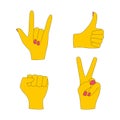 Hands depicting different gestures. Victory, goat, I love you, rock, like, clenched fist, thumbs up. Symbols of