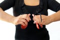 Hands detail of flamenco dancer in dress with castanets. Royalty Free Stock Photo