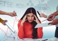 Hands with devices surrounding stressed woman against blue graph