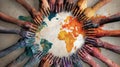 Diverse Hands Unite in Circle Over World Map Symbolizing Equality and Justice for a Global Cause in a Present-Day Royalty Free Stock Photo