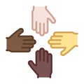 4 Hands of different ethnic backgrounds and skin colors team