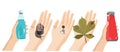 hands with different objects: pills, a fallen leaf, a snail, a drink in a bottle. Vector illustration isolated on white