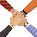 Hands of different skin color people putting together vector illustration. Teamwork, unity, togetherness flat concept. Royalty Free Stock Photo