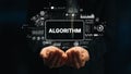 Hands Displaying Conceptual Interface with Algorithm Text and Data Visualization Elements in Dark Background. Asymptotic Royalty Free Stock Photo